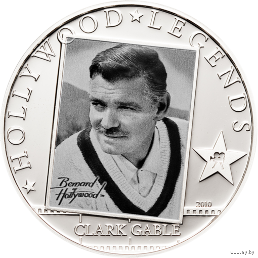 Острова Кука 5 долларов 2010г. "Легенды Голливуда: Кларк Гейбл (Clark Gable)". Монета в капсуле; сертификат. СЕРЕБРО 25гр.
