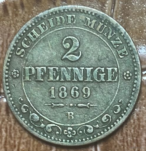 Монета 2 пфеннига 1869 год. Саксония.