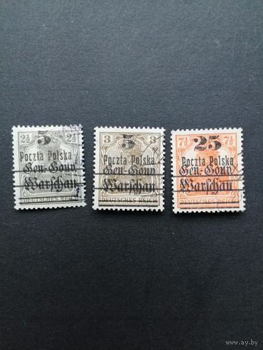 Польша 1918 Полная серия марок с надпечаткой "Poczta Polska" и новым тарифом на марках Германии выпуска 1914/1918 года (гашение с наклейками) Mi.14-16 тип II каталог 86.40 евро