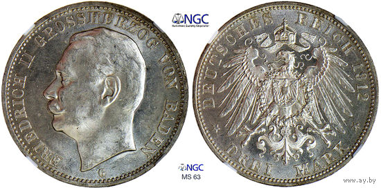 3 марки 1912 г. Фридрих II. Баден. Германия. NGC MS 63. Серебро. КМ# 280