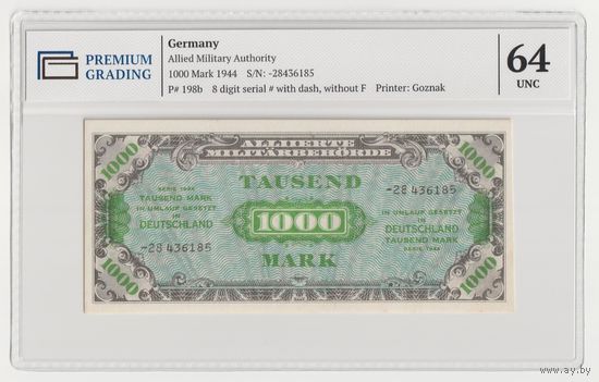 Германия 1000 марок 1944 года. Тип P-198b. Состояние UNC! В слабе Premium Grading 64