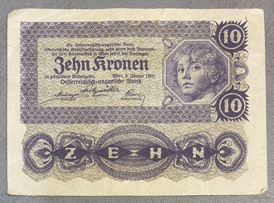 Банкнота Австрия 10 крон 1922 год.