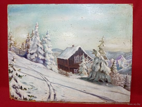 С рубля без мц. картина "Дом зимой", м.ф. 58х48см.