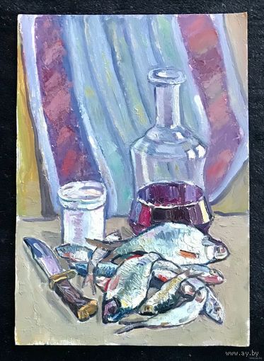 Звонков И.Г"Натюрморт с рыбками". Картон, масло. Размер 35/50 см