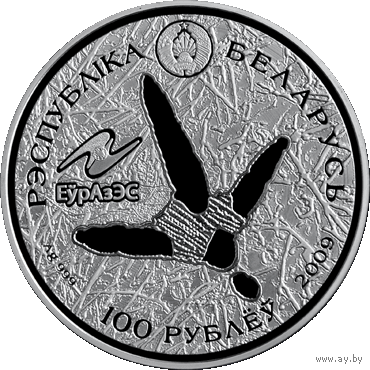Серебро. 100 р. Белы бусел. Жывёльны свет краiн ЕўрАзЭС. Белый аист. Животный мир стран ЕврАзЭС , White Stork , 100 рублей . 2009 г. Птицы. Заповедники. Символ Республики Беларусь . Тираж 500 шт!