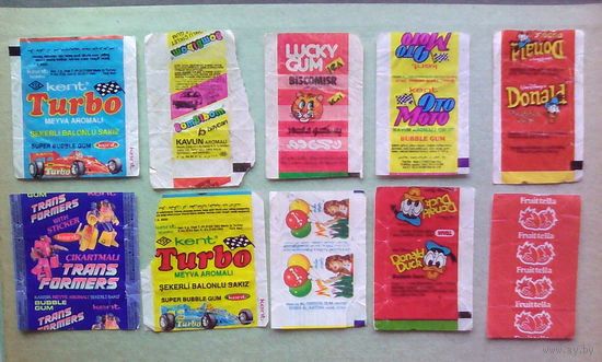 Обёртки (фантики) от жвачек (Turbo, Donald, BomBibom Kavun, Fruittella, Lucky Gum Biscomisr, OtoMoto Kavun, Maysoun Al-Fardos, Donald Duck, Transformers трансформеры).