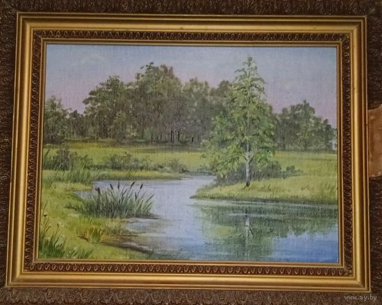 Картина лесной пейзаж река масло в рамке СССР