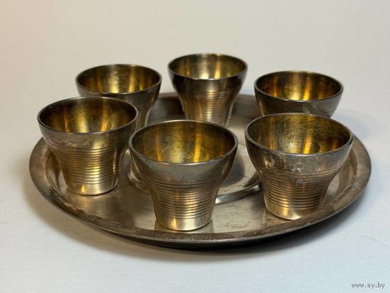 Стопка Рюмка набор 6 шт и поднос, мельхиор, позолота, СССР