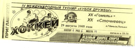 Хоккей. Билет. Кубок Дружбы. Гомель - Сточневец (Гданьск, Польша). 2005.
