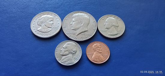 1 доллар,50,25,5 и 1 центы 1979 год США "Сьюзен Энтони" (Состояние на фото,в лоте 5 монет)