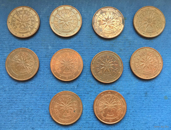 Австрия 2 евроцента 2002, 2003, 2004, 2005, 2006, 2007, 2008, 2011, 2014, 2017