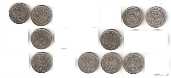 1 марка. 1950 D, J, 1962 F, 1963 F, 1971 G, 1977 G, 1990 D, J, F, 1991 F