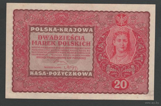 Польша 20 марок 1919 года. Тип P-26(2). Состояние aUNC