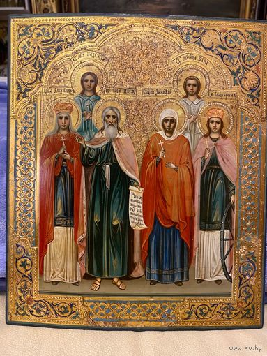 Икона Святой Пророк Илья и Святые Великомученики-Зиновий,Вера, Надежда, Екатерина, Александра. 19 век! Живопись по Золоту! Школа! Люкс!