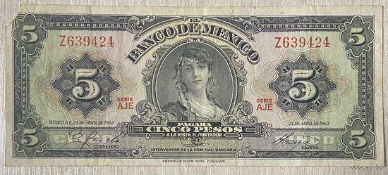 Банкнота. Мексика. 5 песо 1963 год.