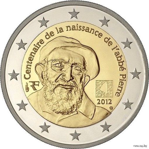 2 евро 2012 Франция 100 лет со дня рождения аббата Пьера UNC из ролла
