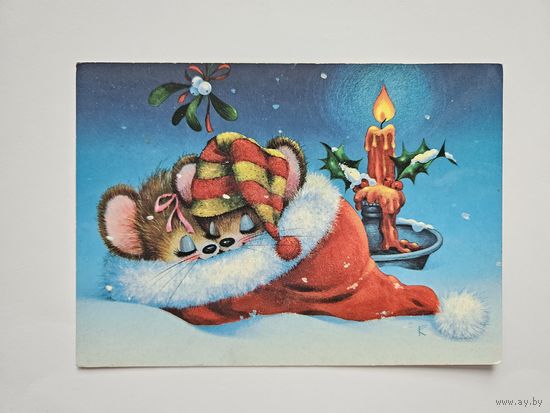 Открытка с новым годом мышь свеча, 2000г ?