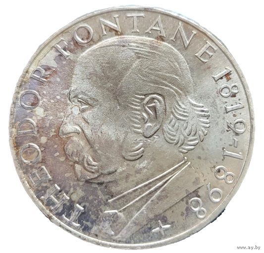 5 марок 1969 G 150 лет со дня рождения Теодора Фонтане! Штемпель! Серебро 11.2 грамма 625 пробы! ВОЗМОЖЕН ОБМЕН!