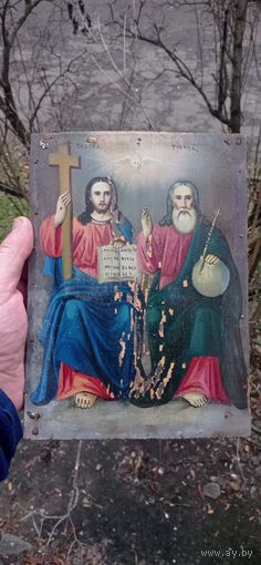 СТАРИННАЯ ИКОНА ТРОИЦА МАСЛО РЕДКИЙ СЮЖЕТ . Распродажа Коллекции !!! .Экспресс  Аукцион  с рубля без МПЦ и прочего  .Много лотов в продаже .