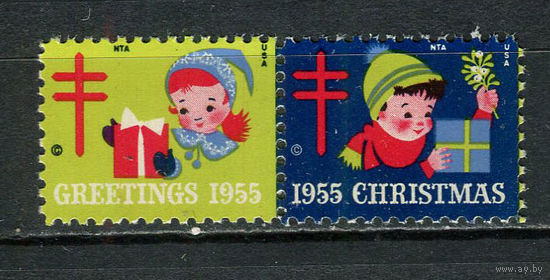 США - 1955 - Рождество и Новый год - сцепка - 2 виньетки. MNH.  (LOT Gс22)-T10P7
