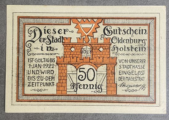 Нотгельд 50 пфеннигов 1922 год Ольденбург. Веймарская республика.