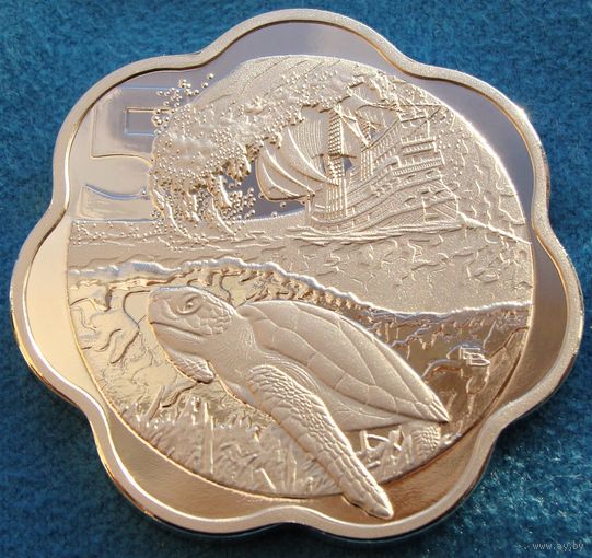 Каргадос - Карахос.  5 руфий 2024 год  "Морская черепаха и корабль"   UNUSUAL   Материал: медно-никелевый сплав + посеребрение  Тираж: 120 шт