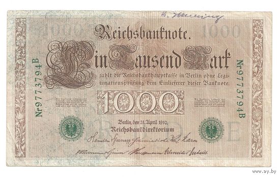 Германия 1000 марок 1910 г. Зеленая печать