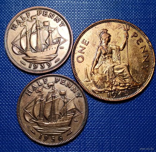 Великобритания 1 пенни 1945 г, 1/2 пенни 1939, 1956 г. Цена за 3 шт.
