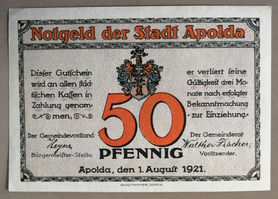 Германия, нотгельды, 50 пфеннигов 1921 год, Апольда (Apolda), 36.3a, вар. "С"