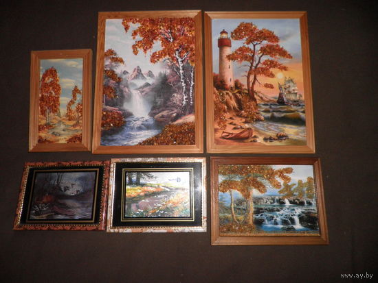 Картины из янтаря 3 шт.(вторая слева,в центре,верхний ряд продана) и три металлографики.С рубля.