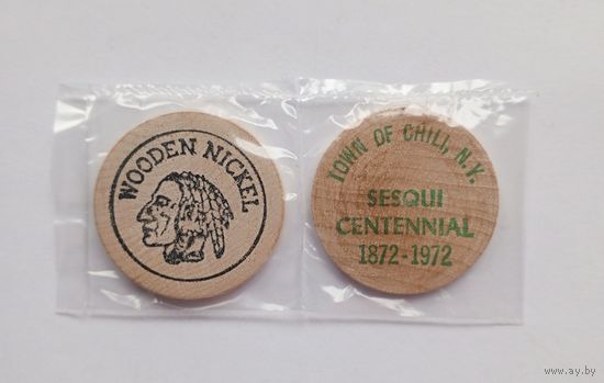 США. 2 жетона Wooden Nickel (Деревянный пятицентовик). В одной запайке. Диаметр каждого 3,8 см.