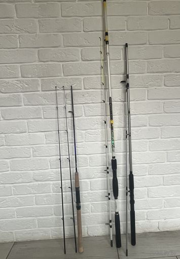 2 спиннинга  +  удочка + 4 коробки