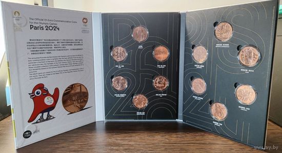 Франция, набор из 12 монет 1/4 евро, Олимпиада-2024 в Париже, медь, в буклете, UNC
