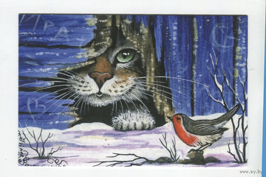Открытка. Фауна. Животные. Котики. Кот. Птичка. Снегирь. Худ. И.Гармашова (чистая)