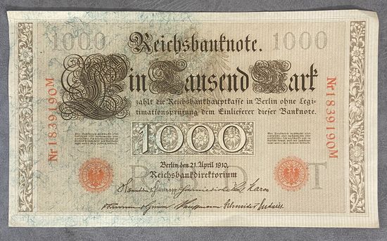 Банкнота 10000 марок 1910 год. Красная печать. Германская империя.