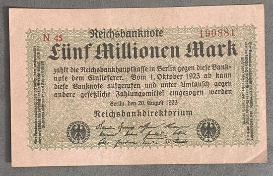 Банкнота 5 миллионов марок 1923 год. Веймарская республика.