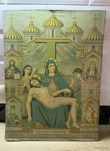 Старинная литография Образ страдающей Богоматери