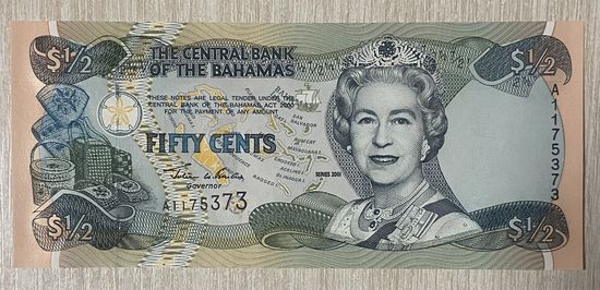 Банкнота 50 центов 2001 год. Багамские острова. НЕ БЫЛА В ОБОРОТЕ