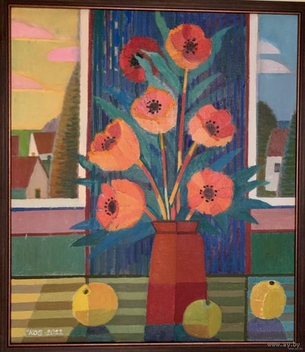 Сковородко О.А "Красные цветы", 2022г. Холст, масло. Размер 58х50 см.