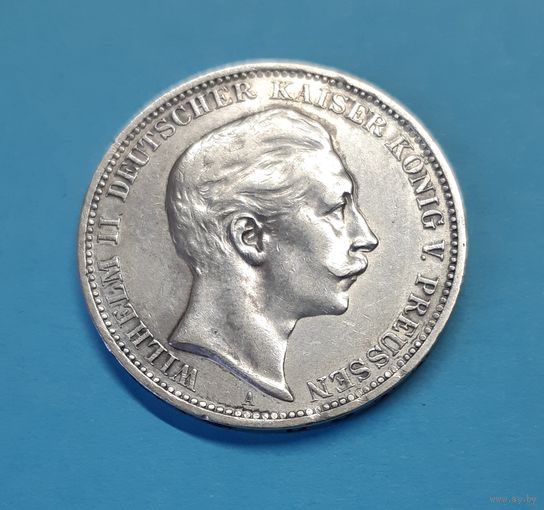 Германия. 3 марки. 1908 год. Пруссия. Вильгельм II. Серебро. Распродажа коллекции