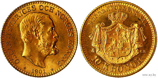 10 крон 1901 г. Король Оскар II (1873 - 1907). Швеция. Золото. Редкие. KM# 767.