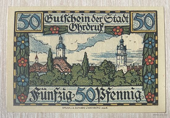 Нотгельд Ордруф, 50  пфеннигов, 1921 год Веймарская республика.