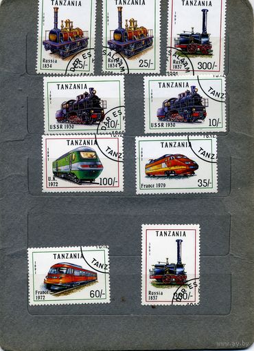 ТАНЗАНИЯ, 1991,  ЛОКОМОТИВЫ, СБОРНЫЙ ЛОТ 9м  по 70 коп шт.  гашен