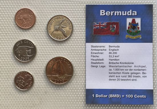 Бермудские острова (Бермуды) 1, 5, 10, 25 центов, 1 доллар 2000 - 2005 гг. Набор в запайке