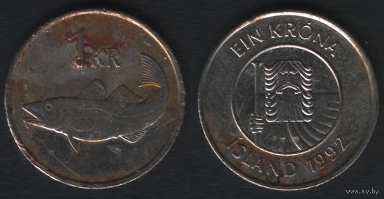 Исландия km27a 1 крона 1992 год (алб.albI-r