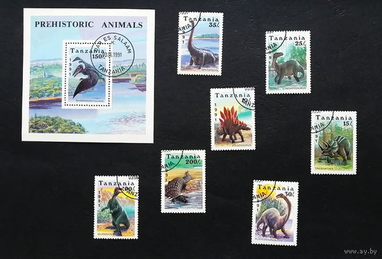 Танзания 1991 г. Динозавры. Доисторические животные. Фауна, полная серия из 7 марок + Блок #0219-Ф1P42
