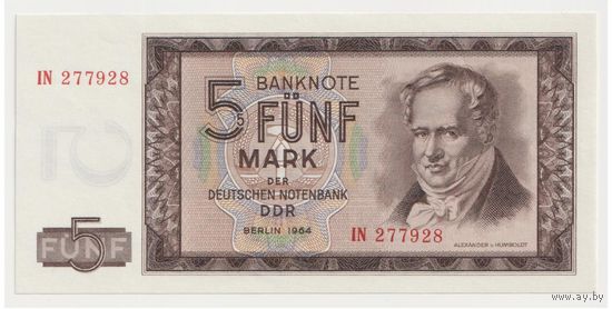 Германия ГДР 5 марок 1964 года. Тип Р-22. Состояние UNC