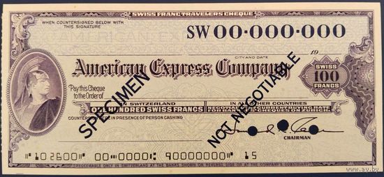 100 швейцарских франков. Дорожный чек. American Express Company. Образец. США. Unc.
