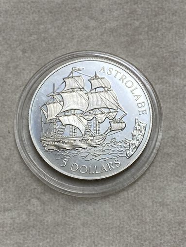 Острова Кука 5 долларов, 1992 500 лет открытию Америки - корабль "Астролябия", Proof