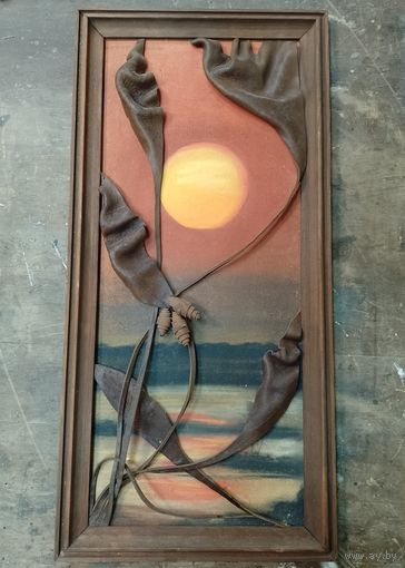 Панно картина Этюд на заходе солнца кожа темпера оргалит рама деревянная